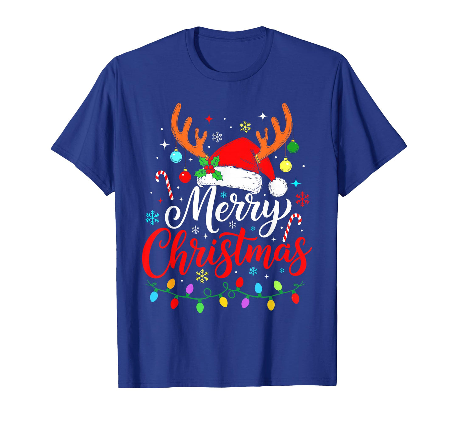Merry Christmas Reindeer Santa Hat Holiday Matching Family T-Shirt