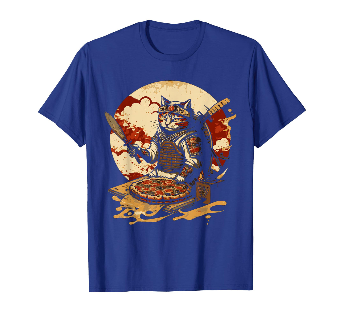 Japanese Sunset Samurai Cat Eat Pizza Anime Ninja Kitten T-Shirt for Men Women