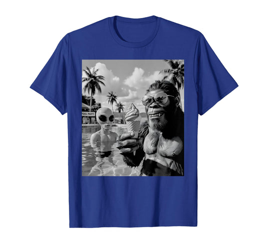 Funny Bigfoot and Alien Selfie In The Pool Ice Cream Summer T-Shirt