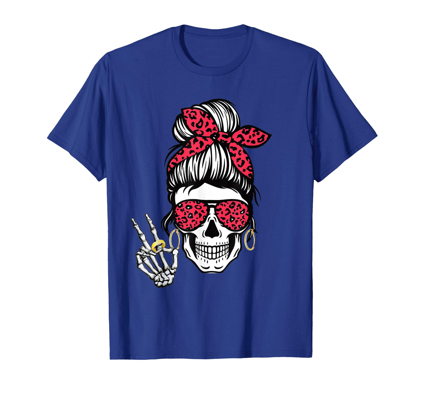 Boho Skeleton Peace Sign Messy Bun Bandana Halloween Apparel T-Shirt