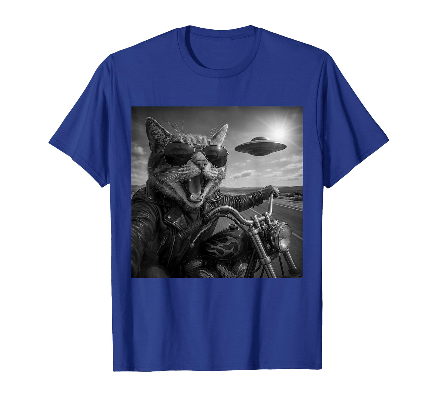 Funny Cat Biker Motorcycle Cat Selfie UFO Aliens Men Women T-Shirt