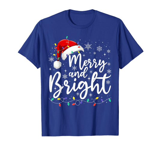 Merry and Bright Christmas Lights Santa Men Women Boys Girls T-Shirt