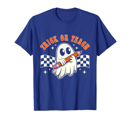 Trick Or Teach Groovy Retro Ghost Halloween Teacher Kids T-Shirt
