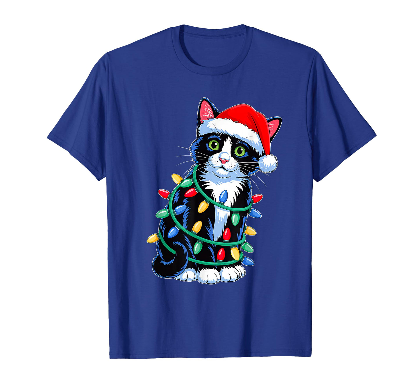 Black Cat Christmas Lights Santa Hat Xmas Family Men Women T-Shirt