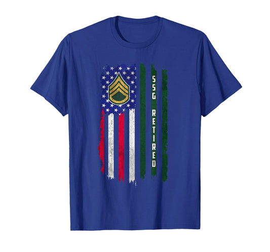 Retired E-6 Staff Sergeant SSG Rank American Flag Veteran T-Shirt