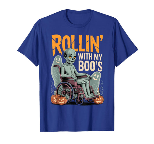 Halloween Wheelchair Costume Handicap Joke Rollin with Boo's T-Shirt