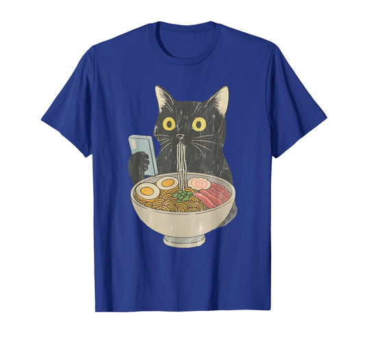 Kawaii Cat Eating Ramen Noodles with Phone Funny Anime Cats T-Shirt