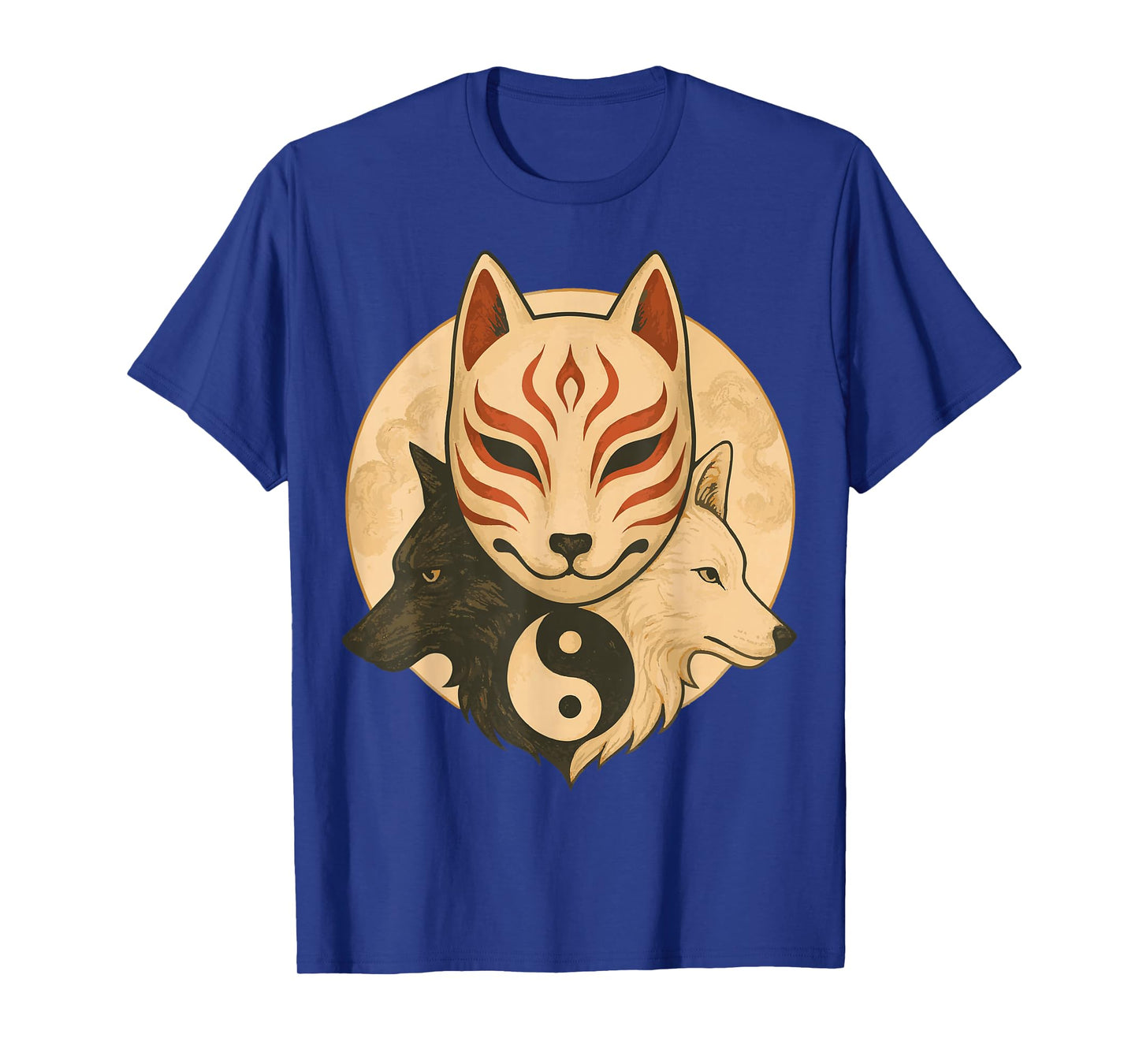Kitsune Mask Yin Yang Wolves Balance Spirit Art T-Shirt
