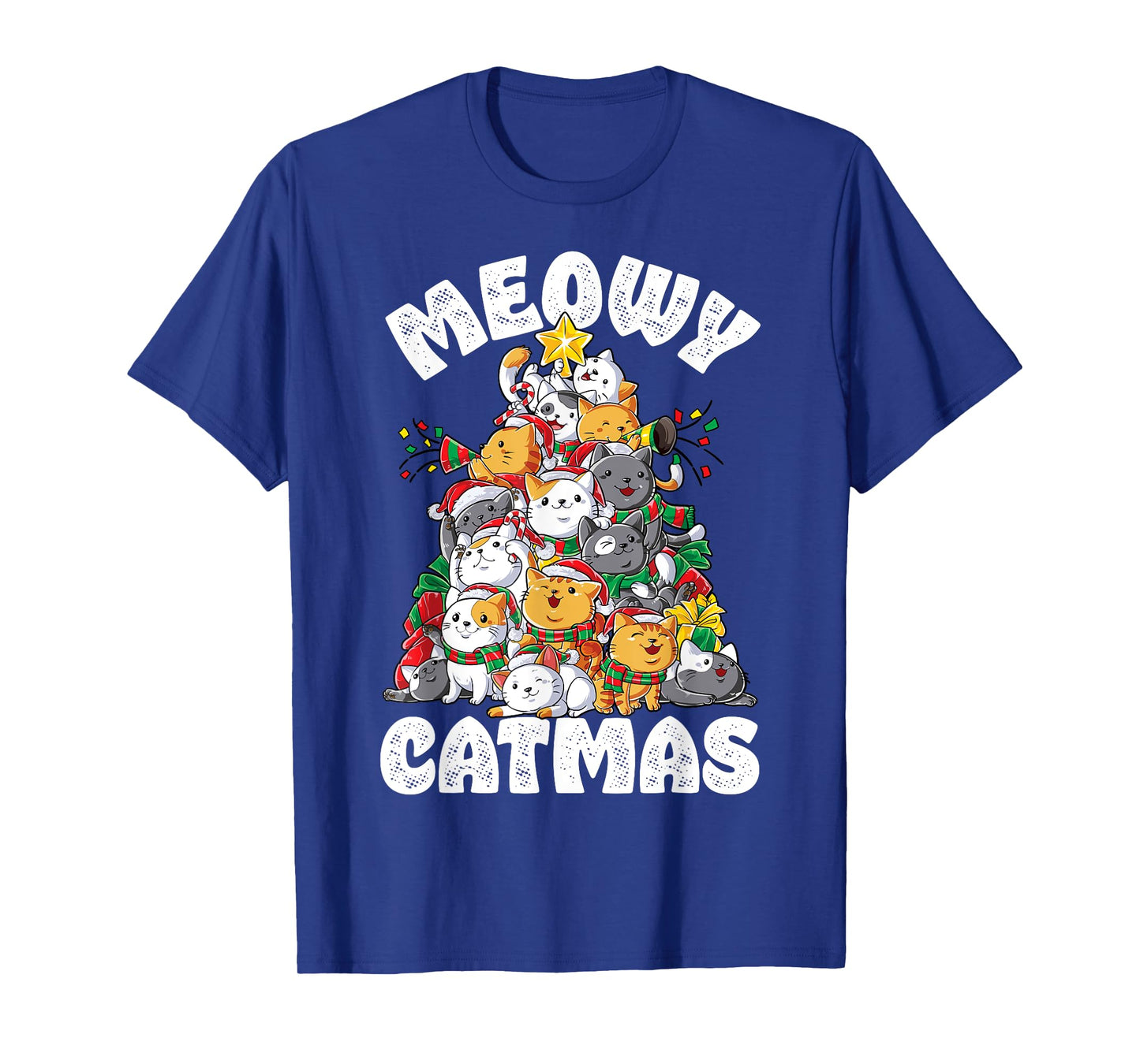 Meowy Catmas Cat Christmas Tree Xmas Girls Boys Funny Santa Short Sleeve T-Shirt
