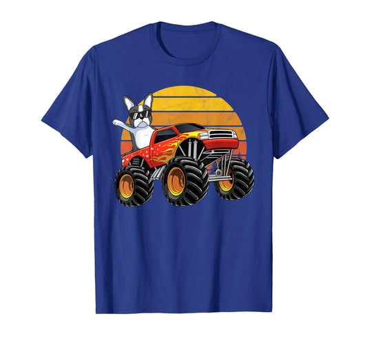 Monster Truck Boston Terrier Dog Retro Sunset Boys Kids Gift T-Shirt