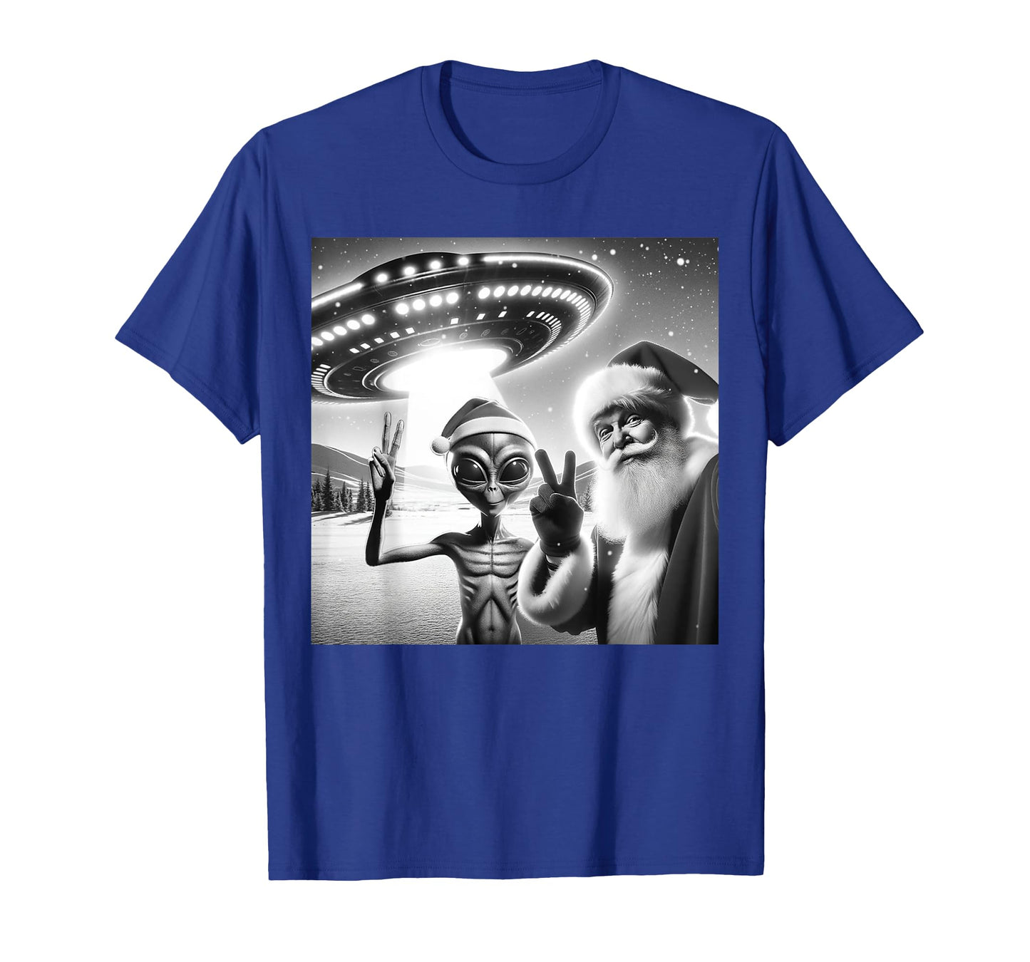 Funny Santa Selfie Alien UFO Lover Peace Sign Ugly Christmas T-Shirt