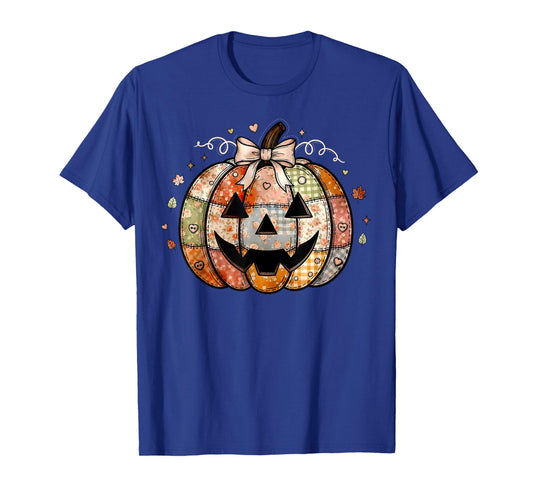 Coquette Bow Jack O Lantern Patchwork Happy Halloween Spooky T-Shirt