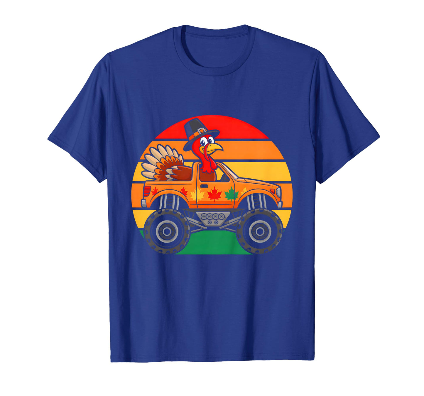 Kids Monster Truck Turkey Sunset Retro Funny Thanksgiving Boys T-Shirt
