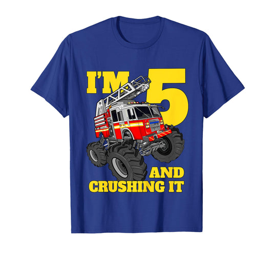 Kids Monster Fire Truck 5th Birthday Boy 5 Five Firefighter T-Shirt