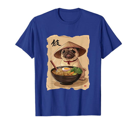 Men Woman Kawaii Eating Ramen Japanese Pug T-Shirt