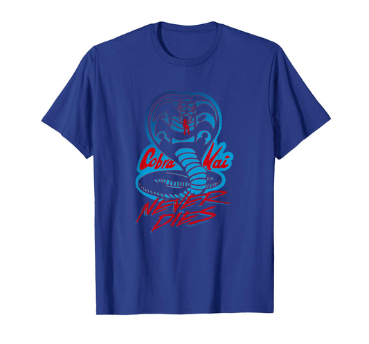 Cobra Kai Never Dies Blue and Red Cobra Logo TV Show T-Shirt