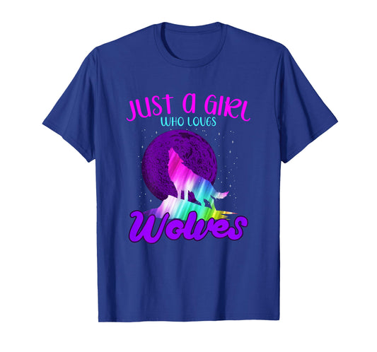 Just A Girl Who Loves Wolves Howling At Moon Colorful Wolf T-Shirt
