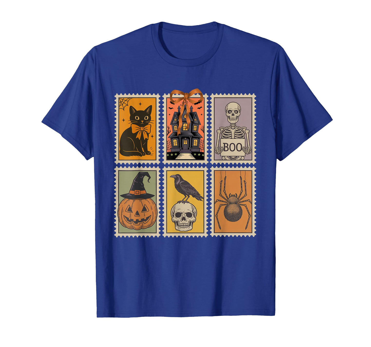 Vintage Halloween Stamp Cute Ghost Pumpkin Cat Retro Fall T-Shirt