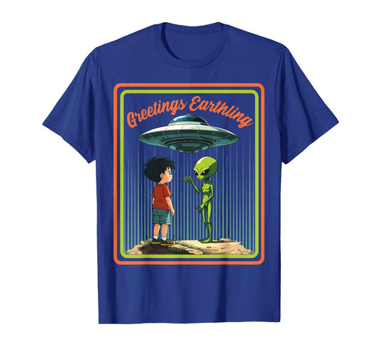 Vintage Child Game Horror, Dark Humour Greetings Earthling T-Shirt