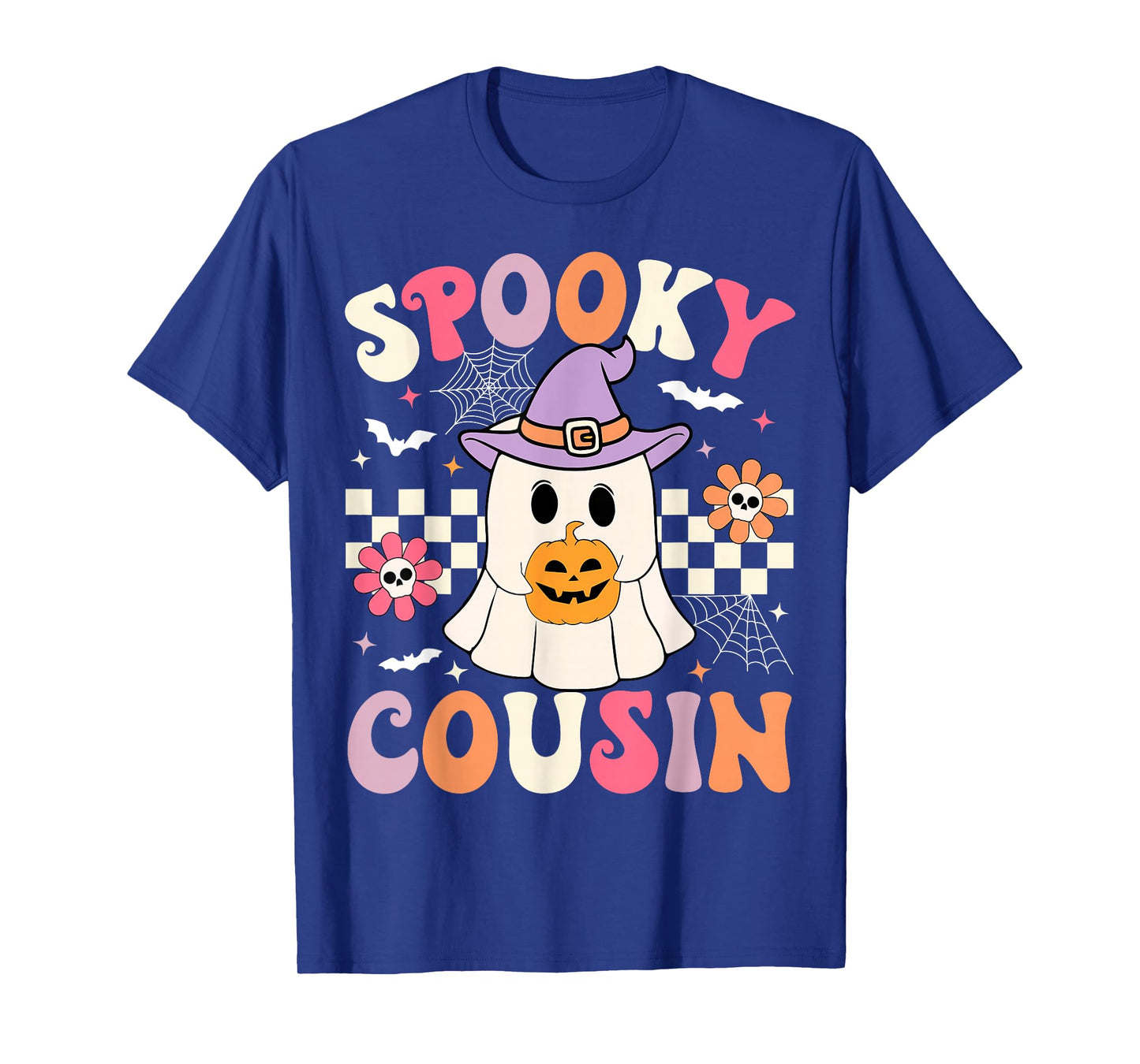 Groovy Spooky Cousin Retro Ghost Holding Pumpkin Halloween T-Shirt
