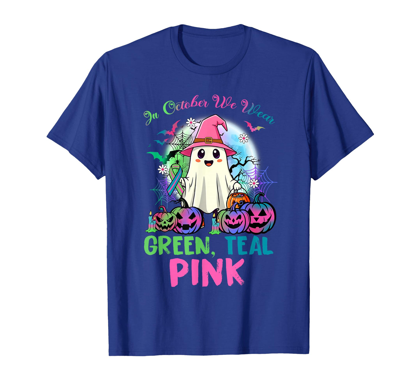 in October We Wear Teal Pink Halloween Metastatic Breast Can T-Shirt