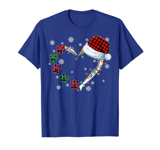 Funny Dog Cat Paws Print Heart Santa Hat Christmas Pajamas T-Shirt