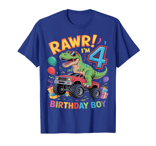 Rawr I'm 4 Dinosaur Monster Truck Birthday Boy T-Shirt