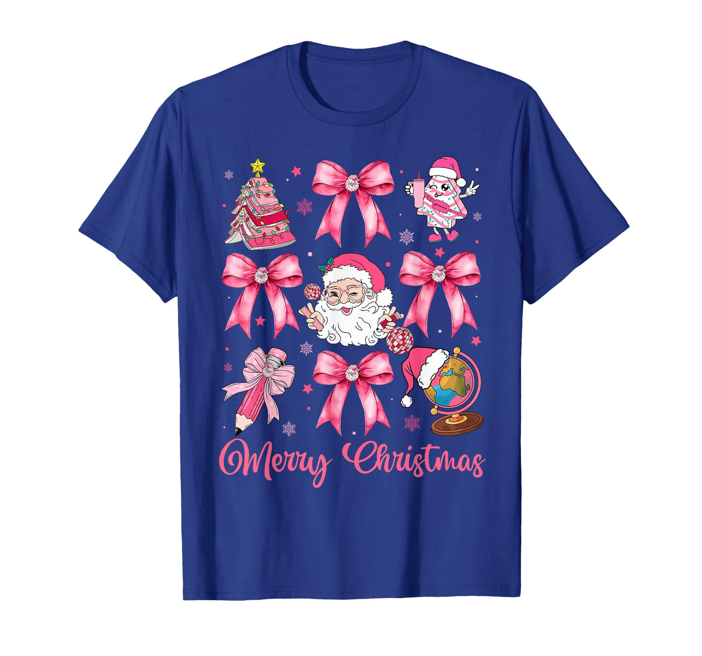 Merry Christmas Pink Santa Coquette Bow Teacher Girl Women T-Shirt