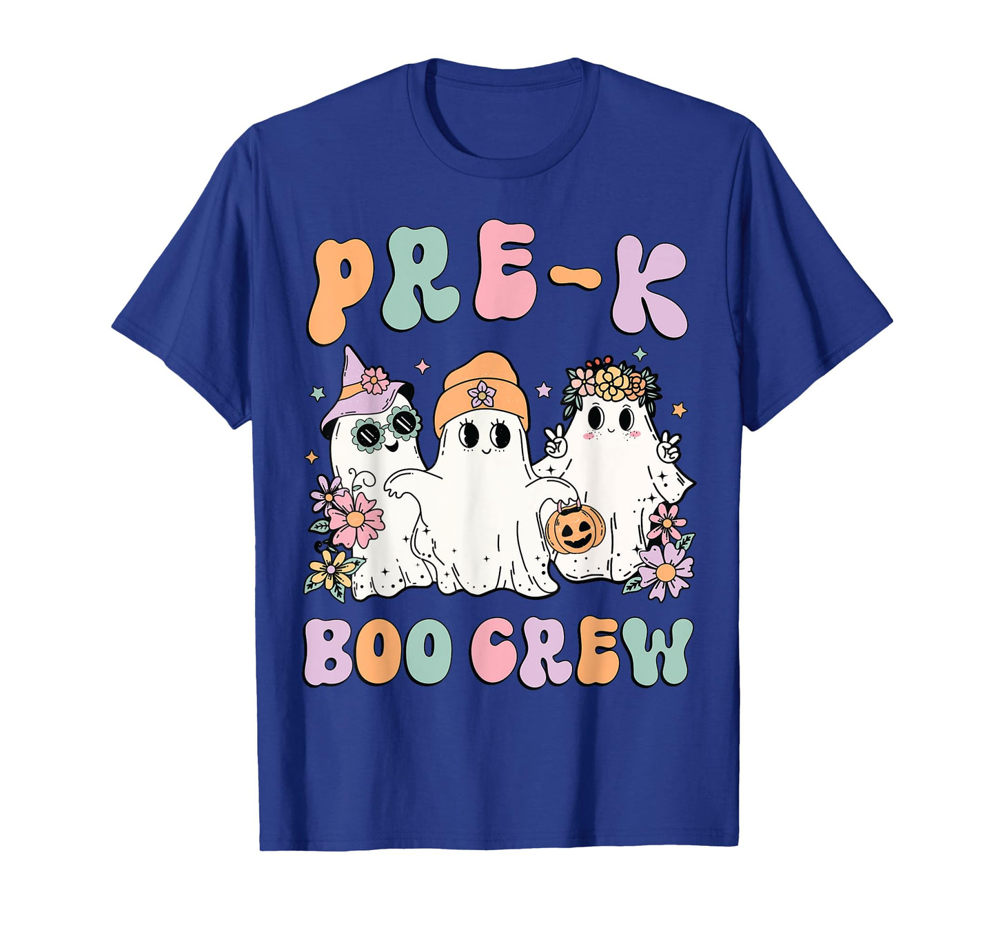 Pre-K Boo Crew Groovy Halloween Floral Ghost Pre K Teacher Men Women Kids T-Shirt
