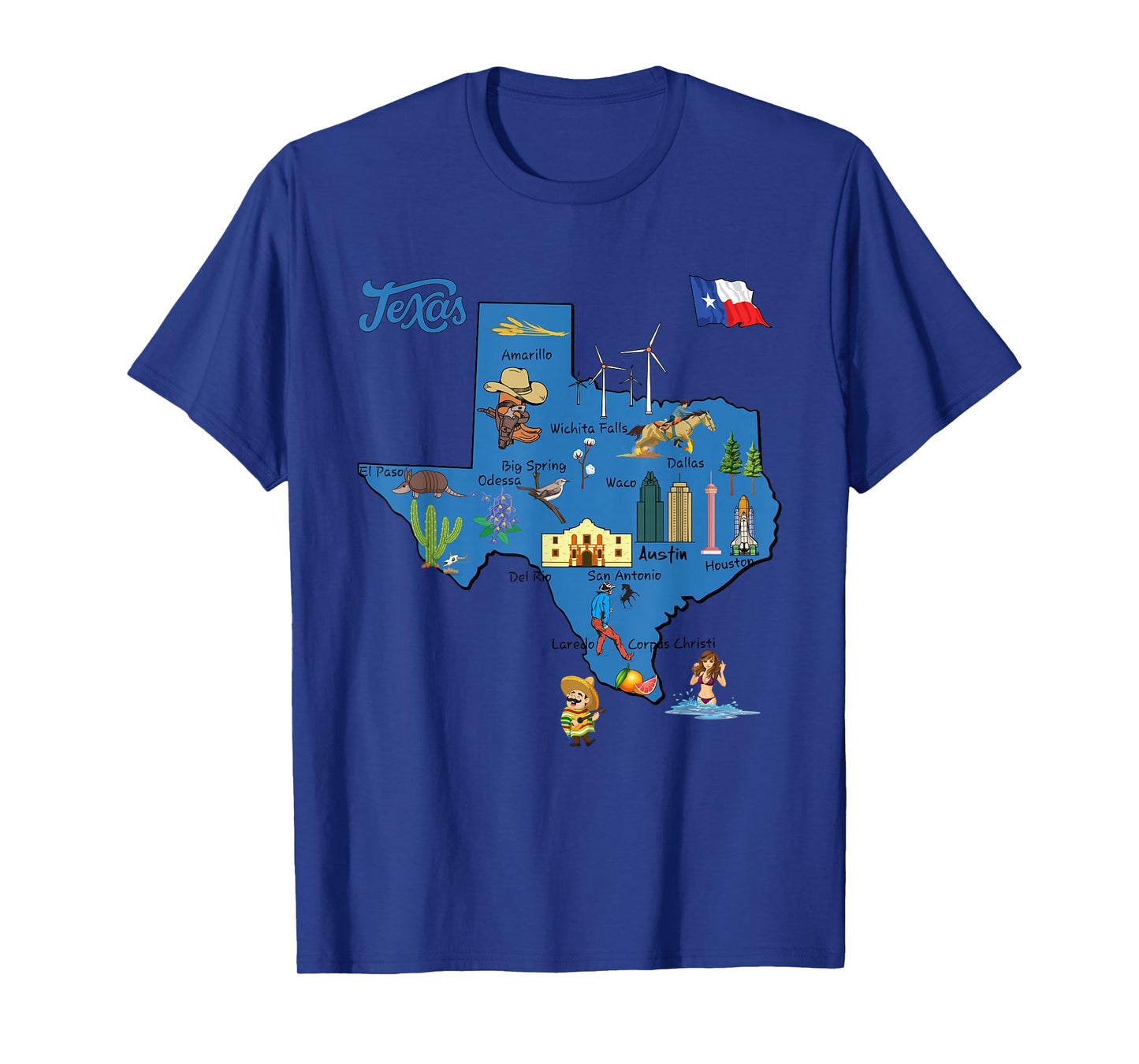 tourism map of Texas state, USA, cities, Landmarks, flag T-Shirt
