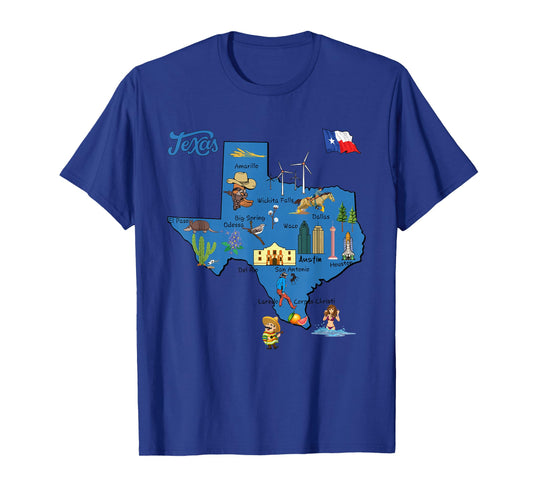 tourism map of Texas state, USA, cities, Landmarks, flag T-Shirt