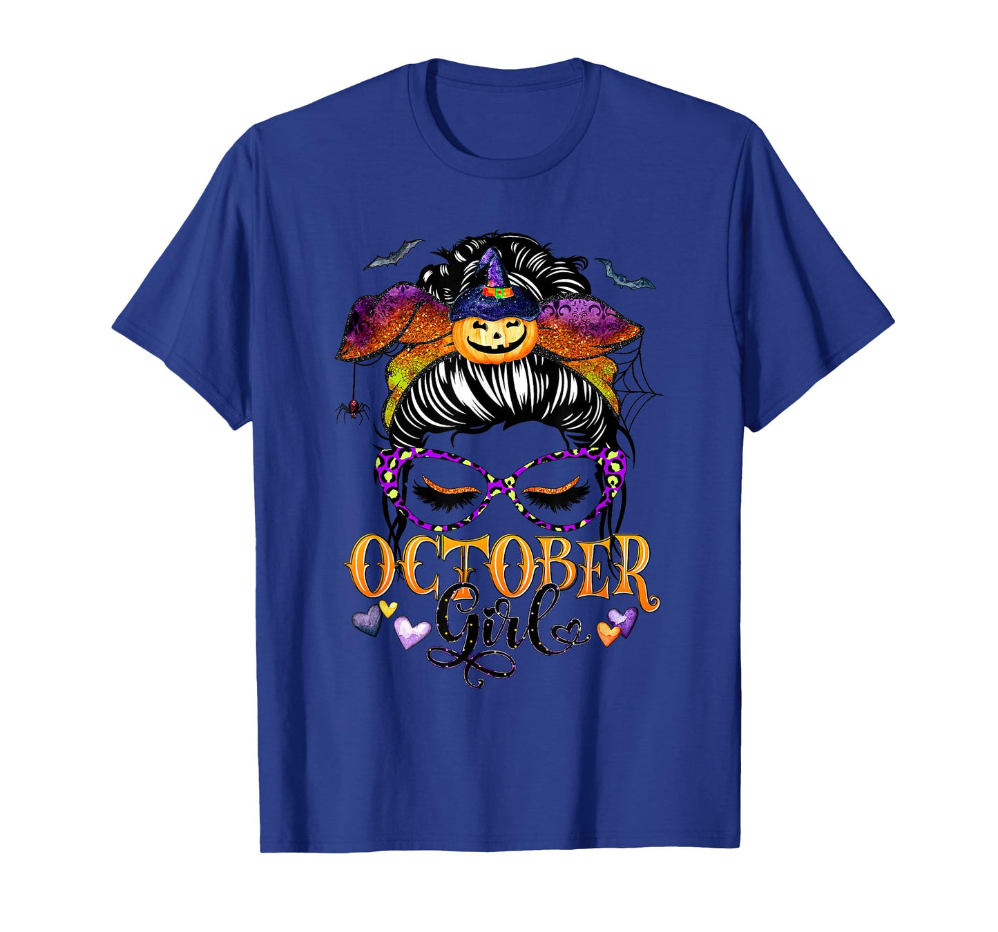 October Girl Halloween Messy Bun Lady Hair Glasses Leopard T-Shirt