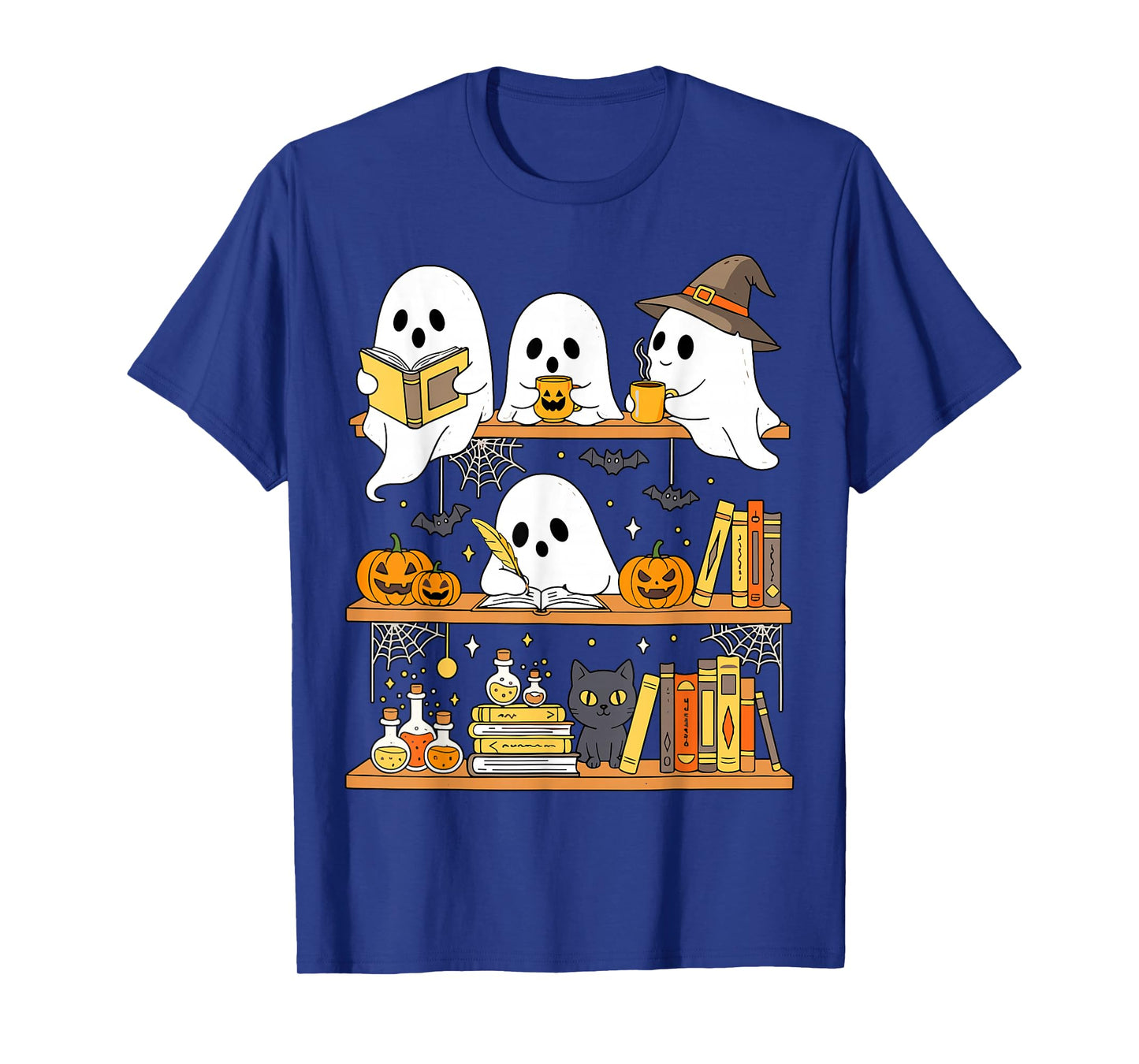Cute Halloween Ghost Bookshelf Cat Book Lover T-Shirt
