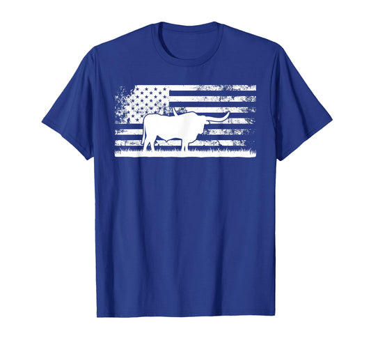 American Flag USA - Texas Longhorn Cow for Cattle Farmer T-Shirt