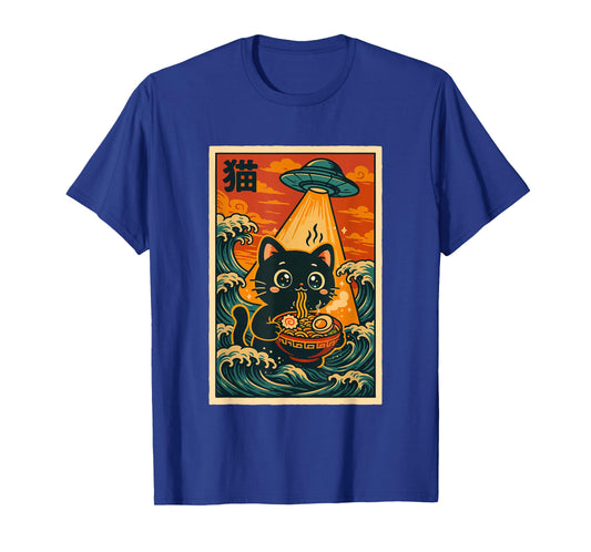 Japanese Anime Vintage Ramen Ukiyo-e UFO Kawaii Funny Cat T-Shirt