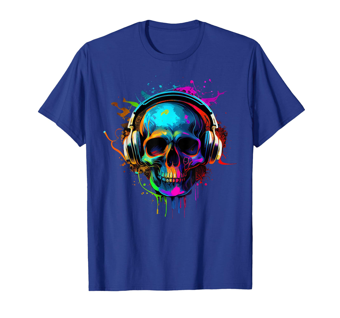Skull Wearing Headphones Grunge Teen Gamer Rainbow Graffiti T-Shirt