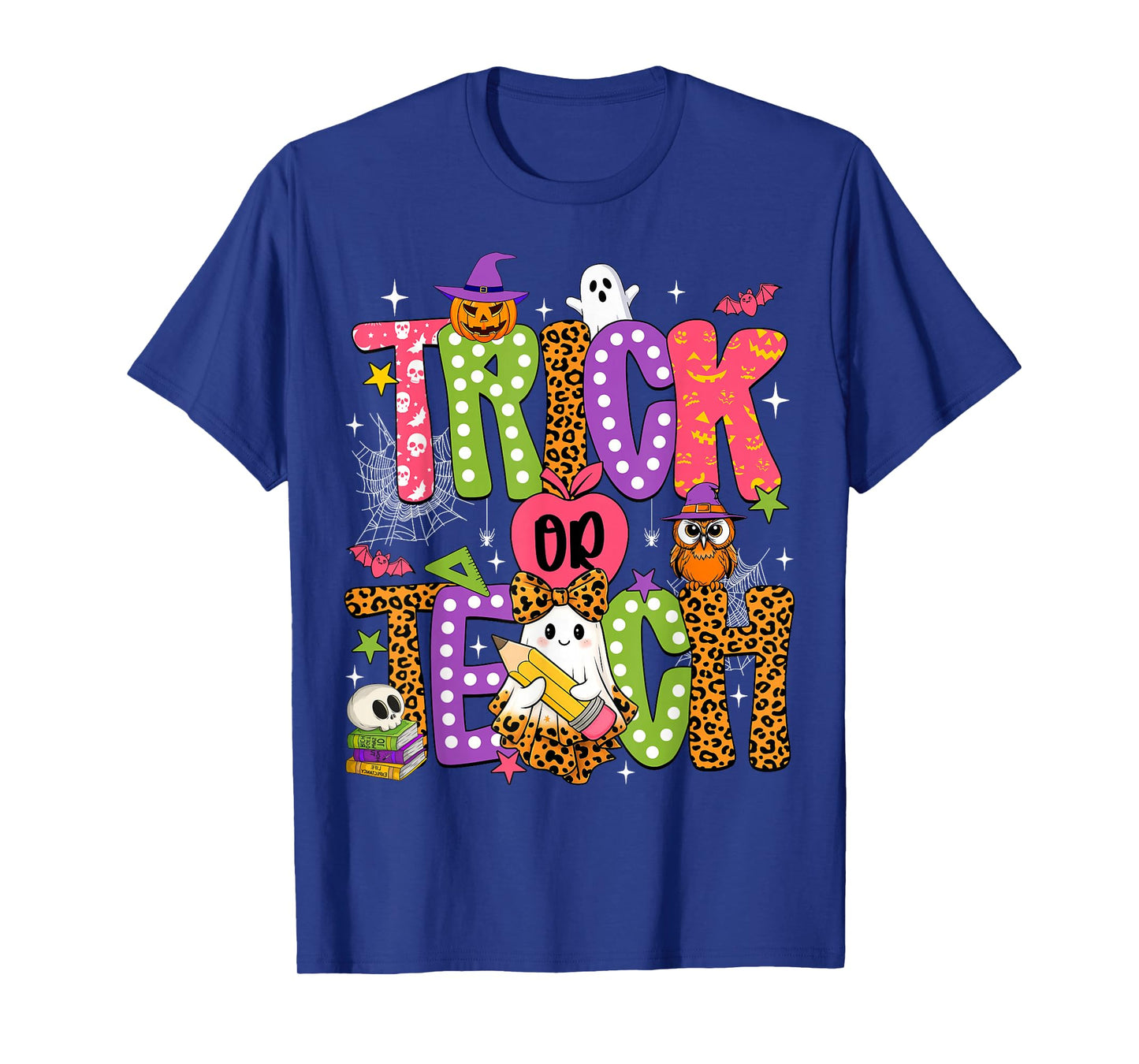 Retro Trick Or Teach Leopard Ghost Halloween Spooky Teacher T-Shirt