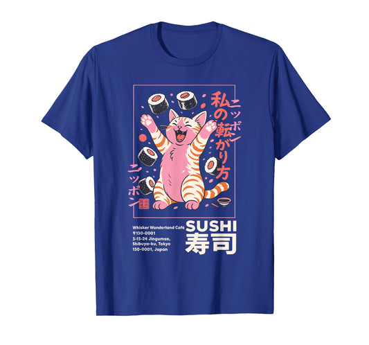 Happy Sushi Cat Japanese Retro-Style Kawaii Food Poster Art T-Shirt