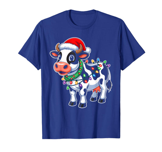 Cow Christmas Lights Santa Hat Family Matching Xmas Pajamas T-Shirt