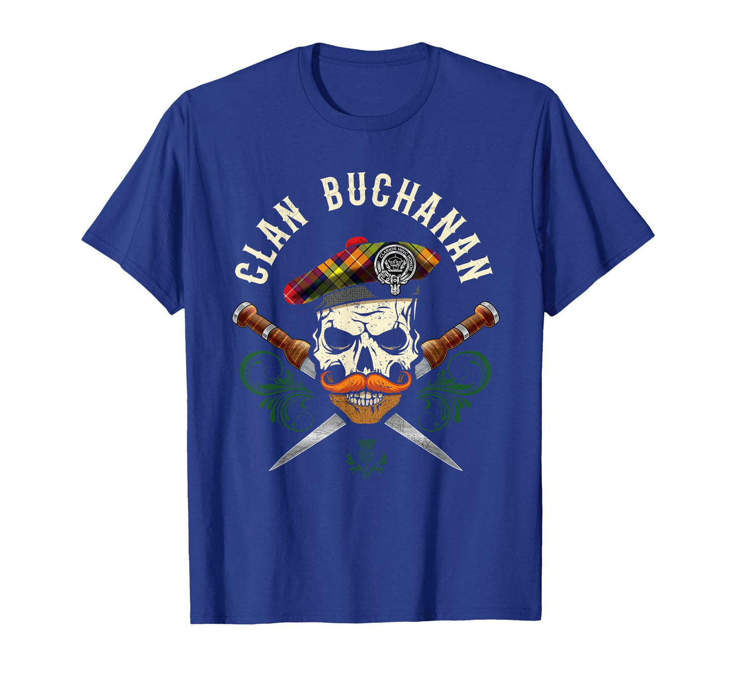 Buchanan Surname Scottish Clan Skull Tam Dirks Tartan Badge T-Shirt