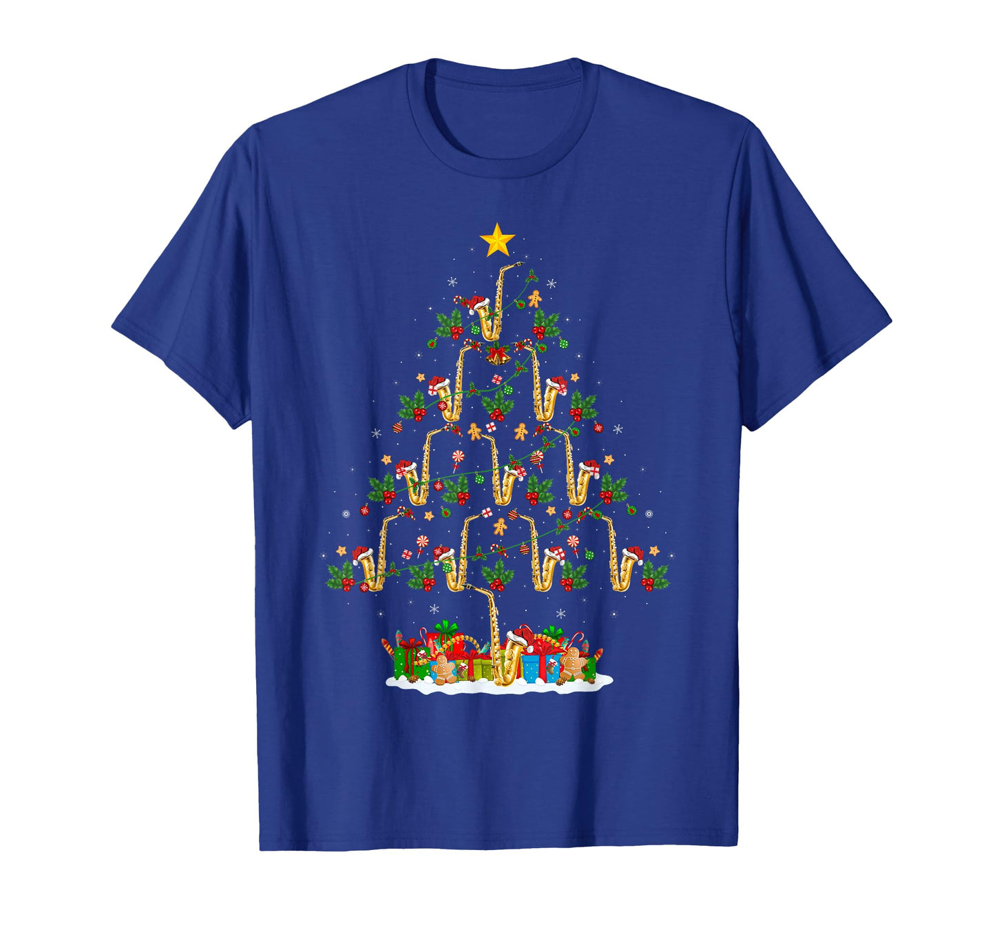 Saxophone Christmas Tree Lights Funny Jazz Music Lover Xmas T-Shirt