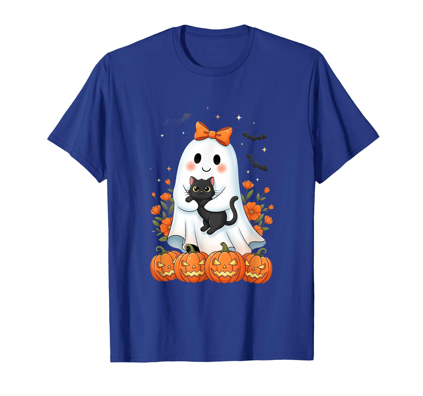 Cute Ghost Holding Black Cat Pumpkins Autumn Halloween T-Shirt