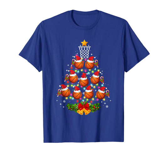 Basketball Christmas Tree Lights Red Santa Hat Xmas Pajamas T-Shirt