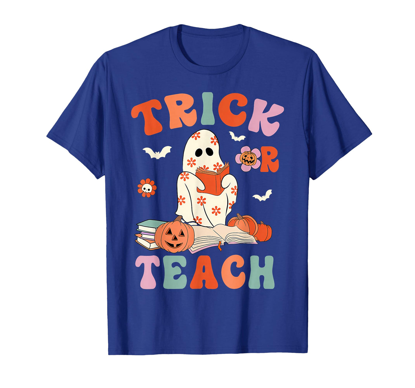Groovy Halloween Trick Or Teach Retro Floral Ghost Teacher T-Shirt