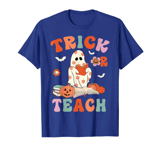 Groovy Halloween Trick Or Teach Retro Floral Ghost Teacher T-Shirt