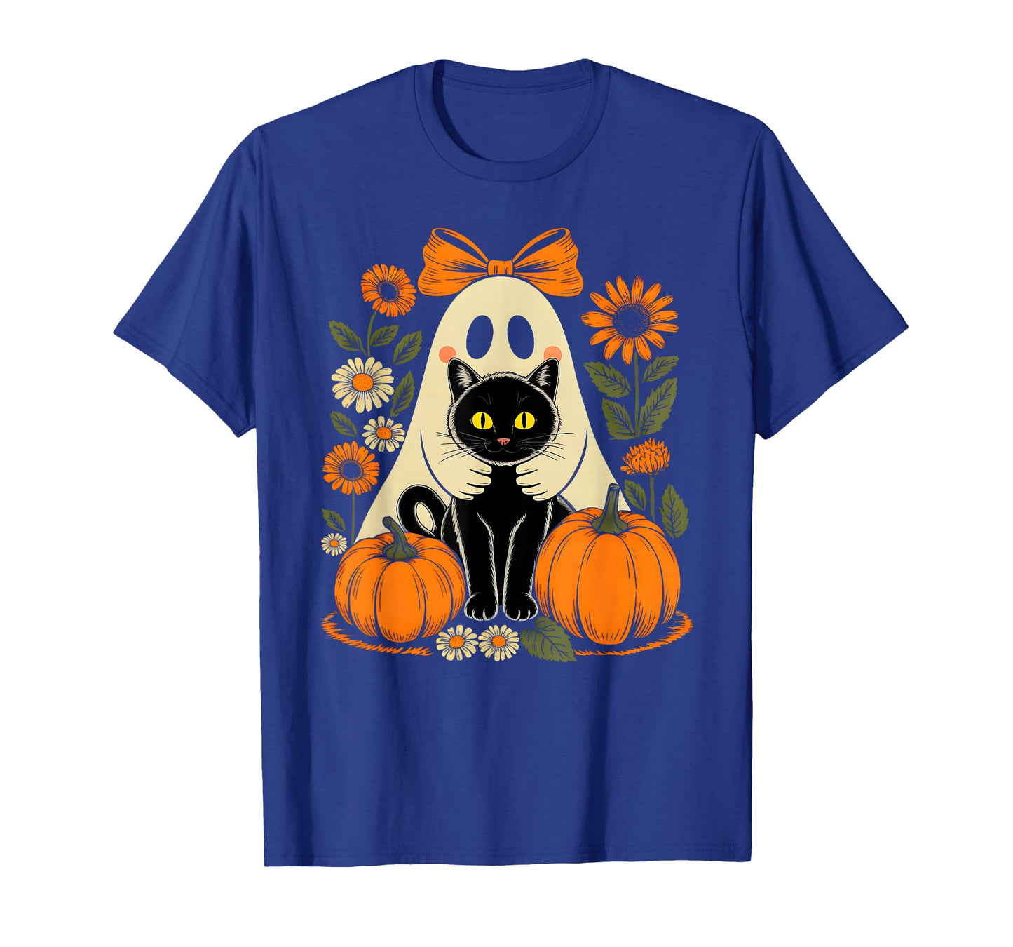 Retro Floral Ghost Coquette Bow Pumpkin Halloween Black Cat T-Shirt
