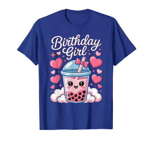 Happy Birthday Girl Cute Pink Bow Bubble Boba Tea Anime T-Shirt