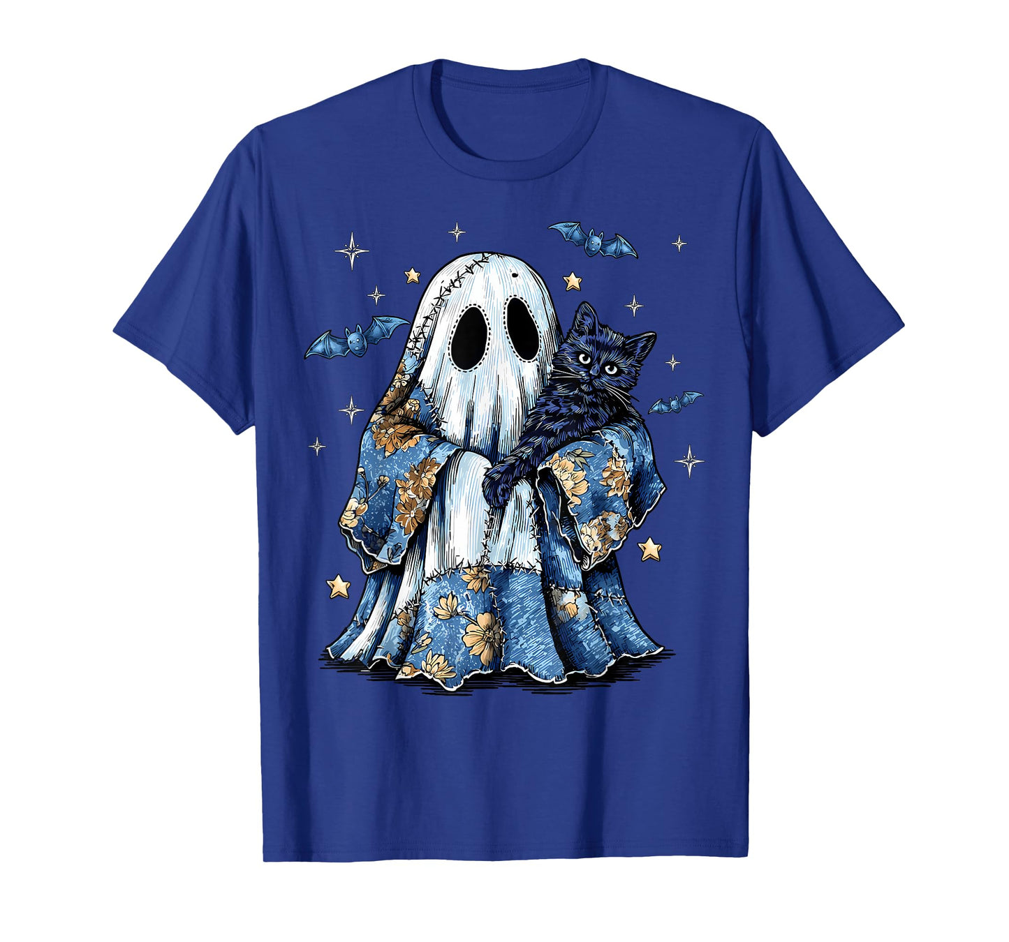 Retro Halloween Blue Denim Patchwork Ghost Black Cat Spooky T-Shirt