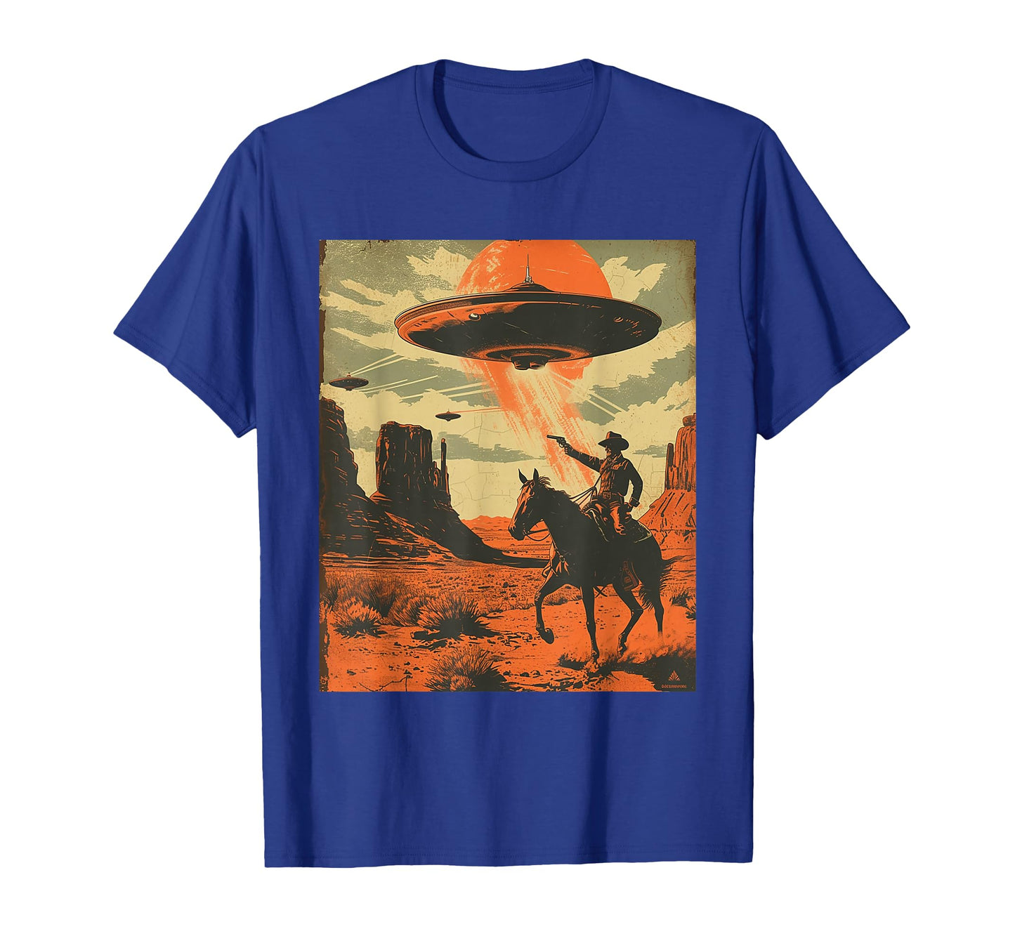 Retro Desert Cowboy Riding Horse Shooting At Space UFO Art T-Shirt