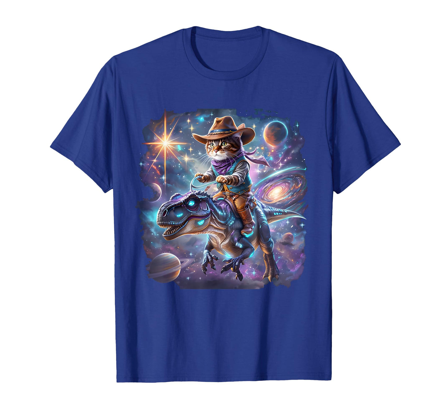 Cat Riding Dinosaur Funny Cat Cowboy Hat Rainbow Galaxy T-Shirt